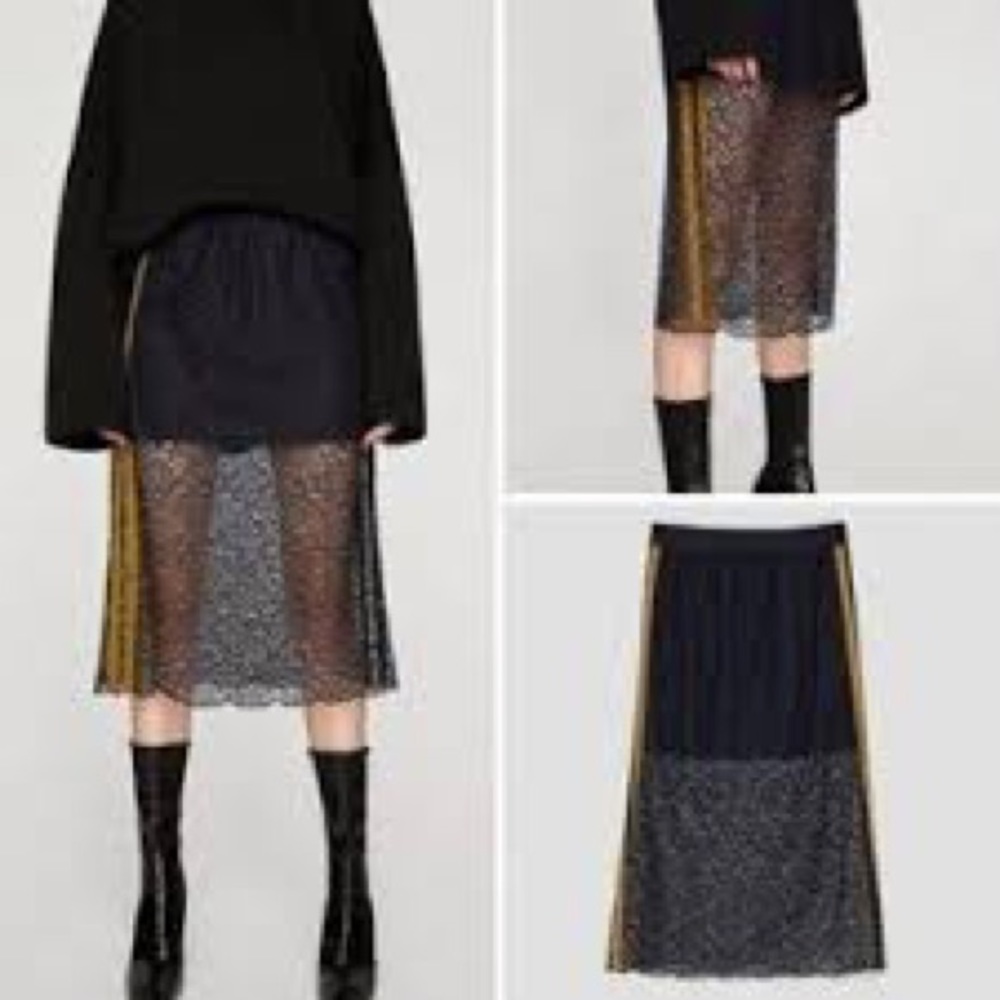 Zara navy lace midi skirt with contrast stripes